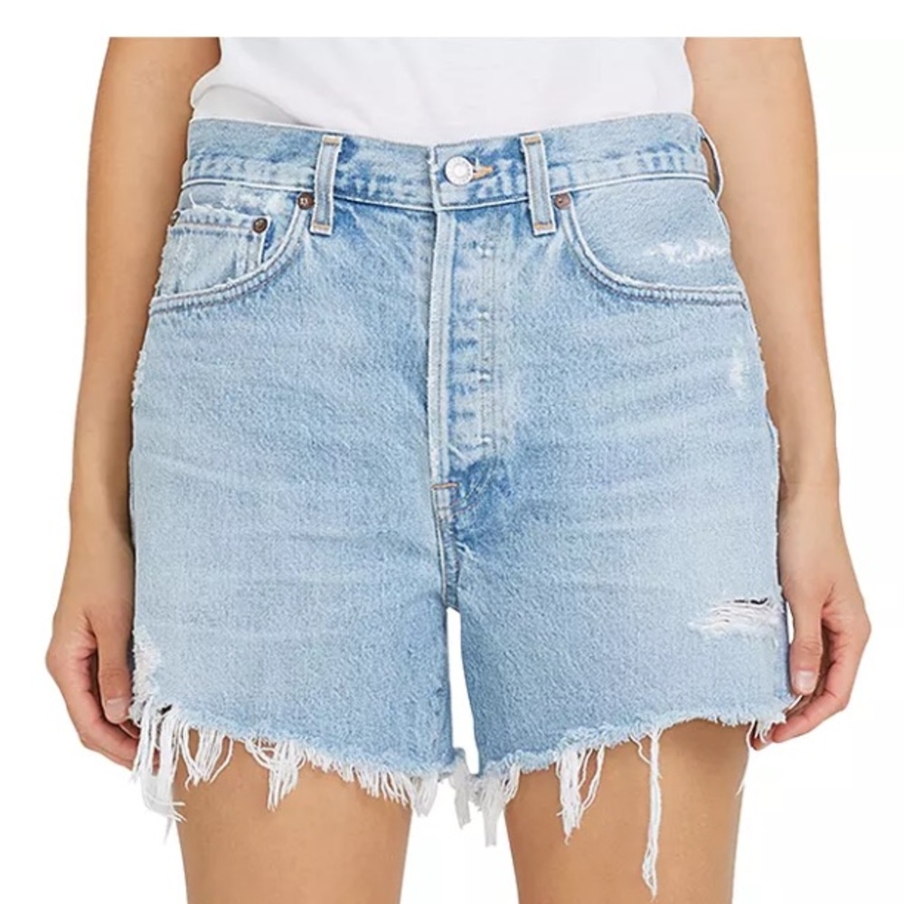 AGOLDE PARKER LONG HIGH WAIST DENIM SHORTS IN SWAPMEET